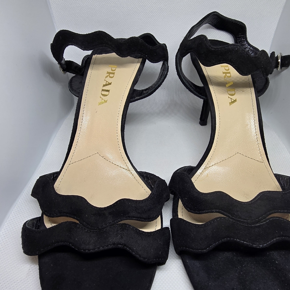 Prada Black Suede Sandals with Gold Logo Accent - Picture 3 of 4